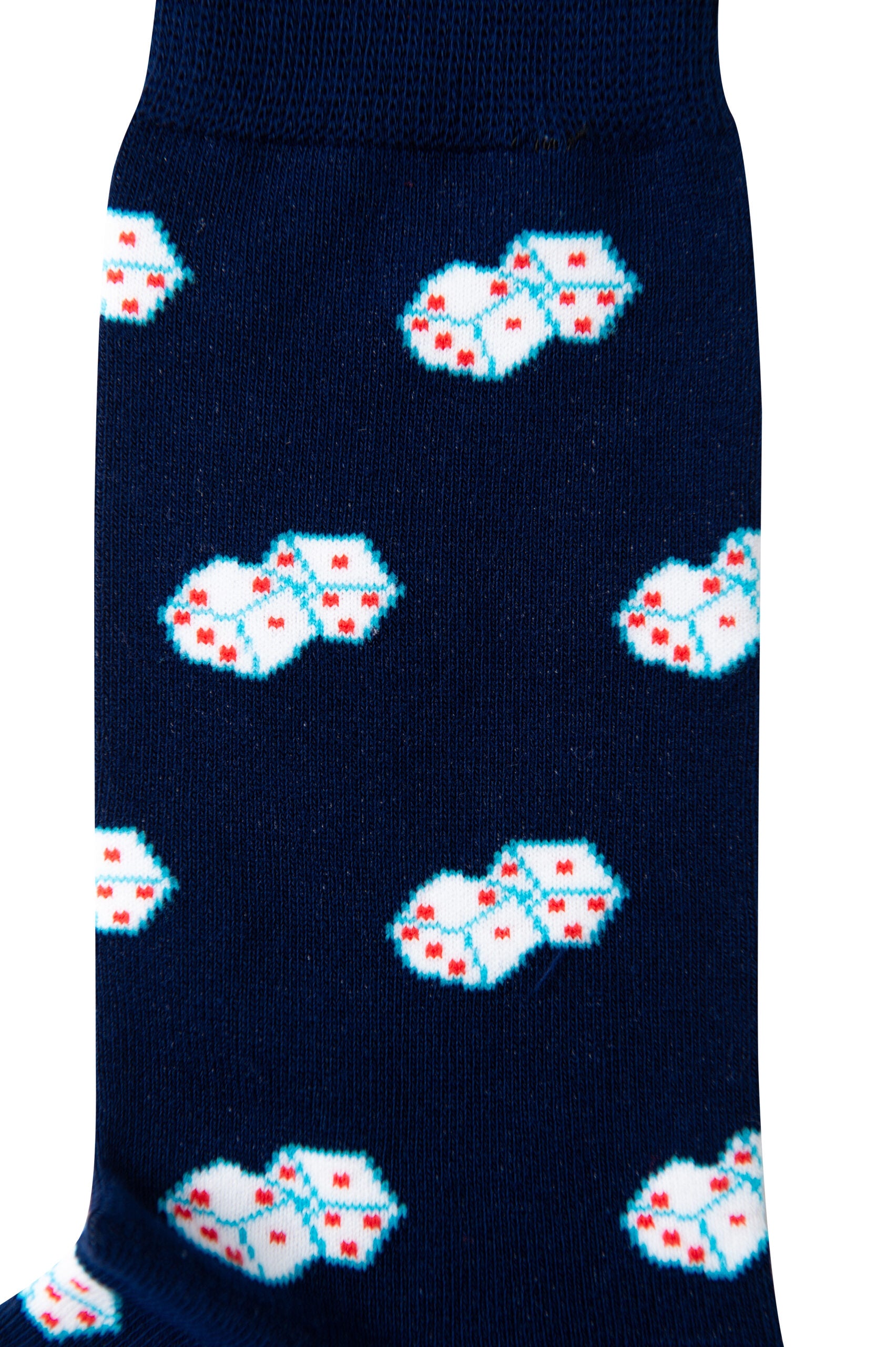 A pair of navy socks with Dice Socks on them.