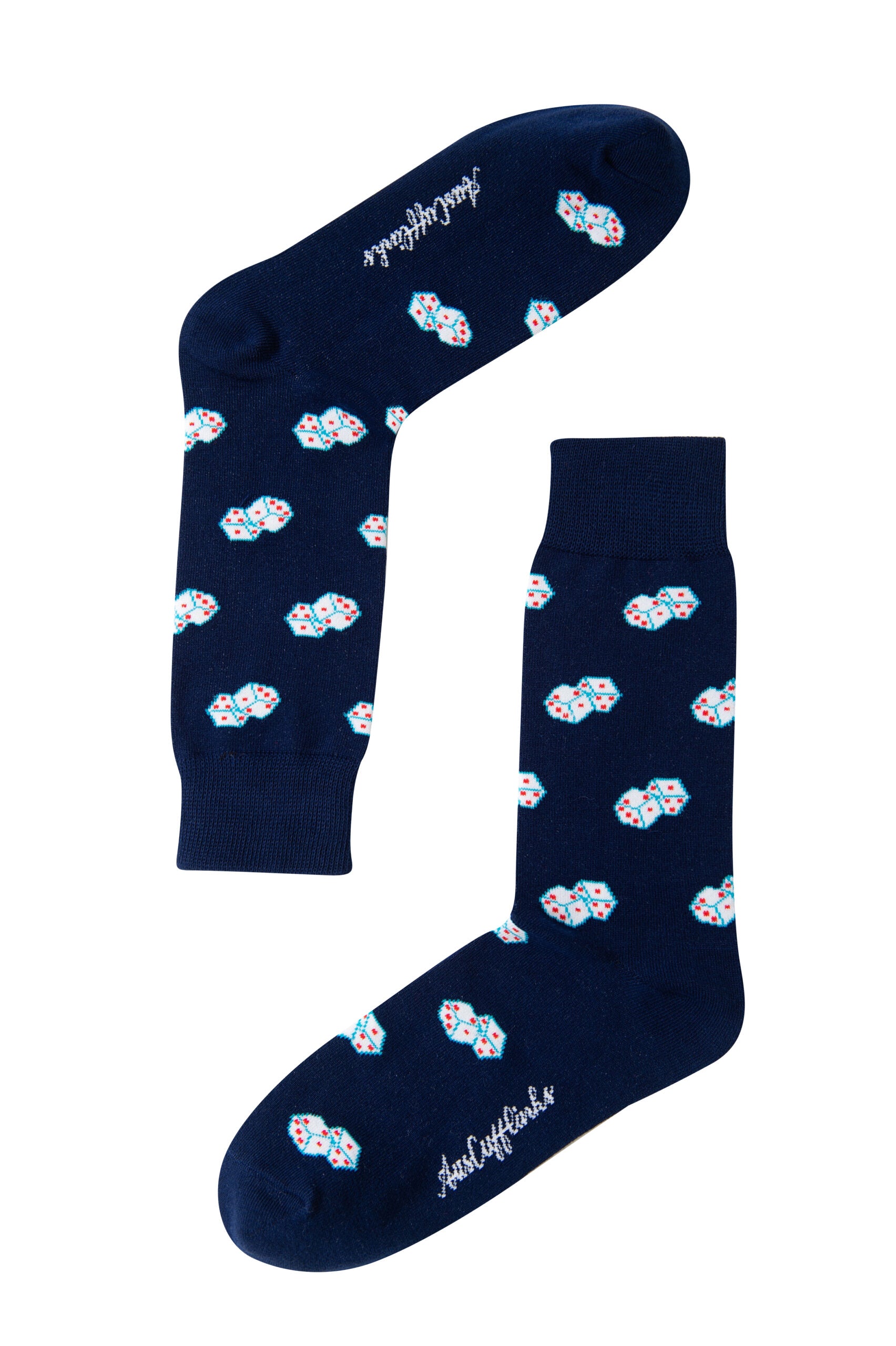 A pair of blue Dice Socks adorned with white dices.