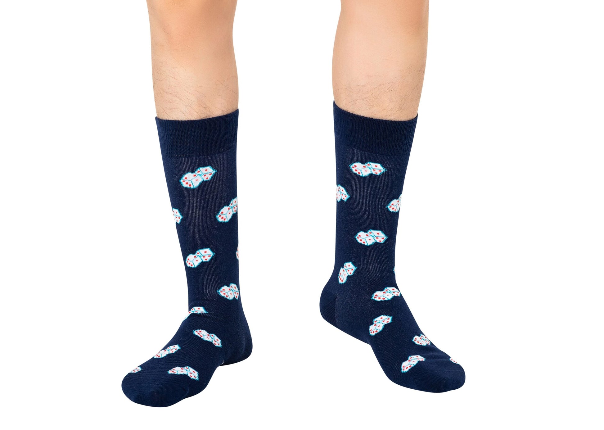 Ideal for game lovers, Dice Socks – Lucky Gift for Game Lovers feature a navy blue design with a repeating pattern of small white dice, displayed here on a white background. Perfect for board gamers and casino fans.