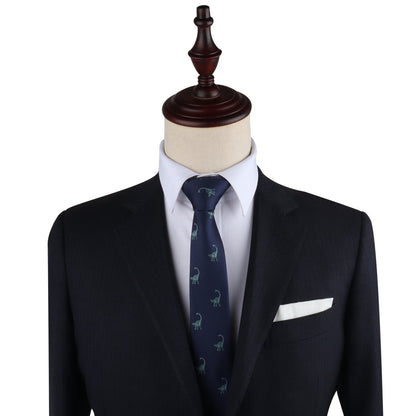 A black suit with a Dinosaur Skinny Tie on a mannequin dummy that exudes dino elegance.
