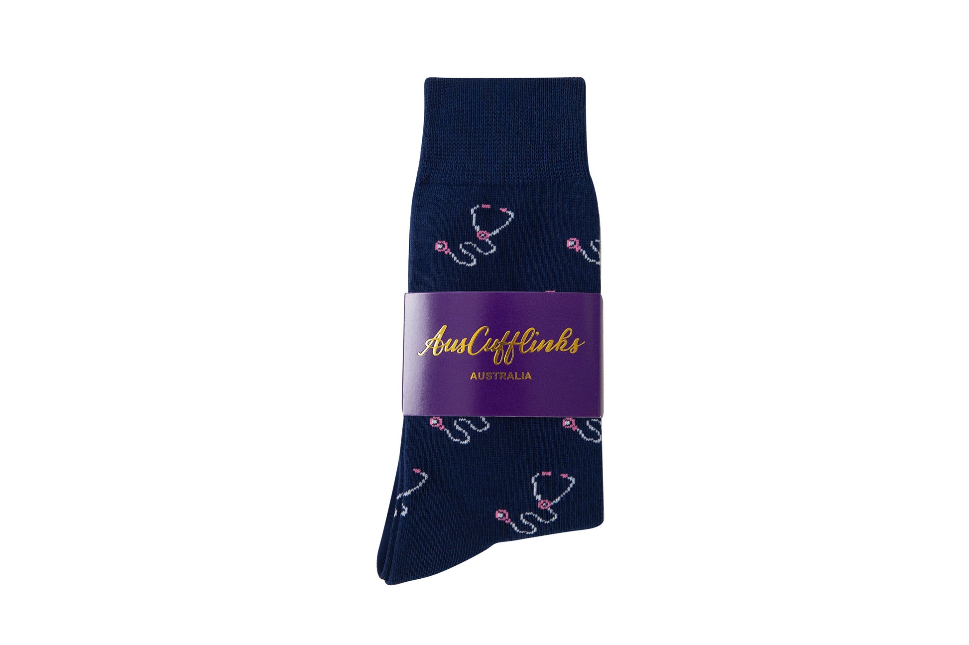 Stethoscope Socks in navy blue with a medical-themed pattern, folded neatly and finished with a purple "AustCufflinks AUSTRALIA" label.