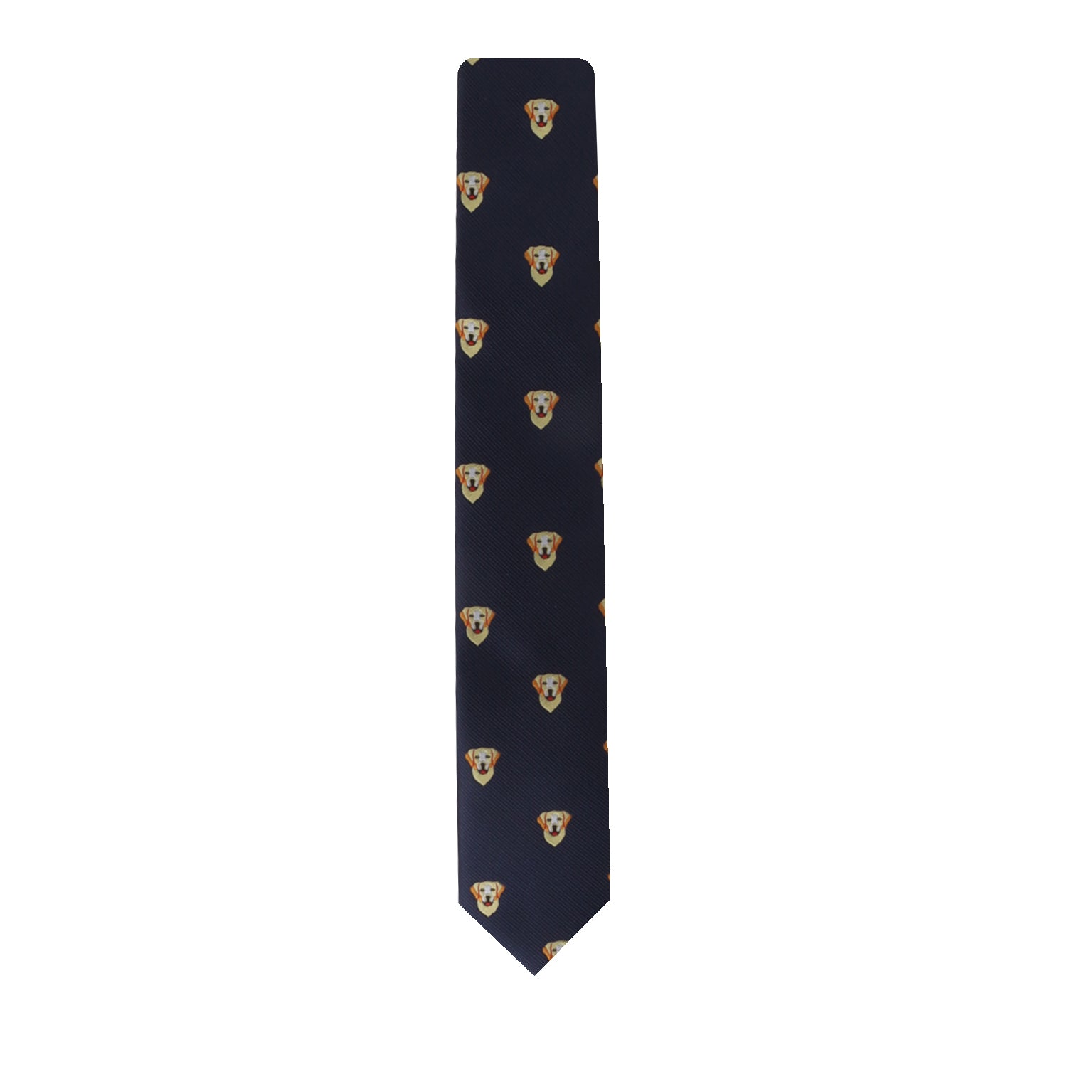 Introducing the Dog Print Tie, a stylish dark blue accessory featuring an embroidered pattern of adorable labrador faces, ideal for dog fashion enthusiasts.