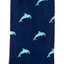 A blue Dolphin Sock with dolphins on it.