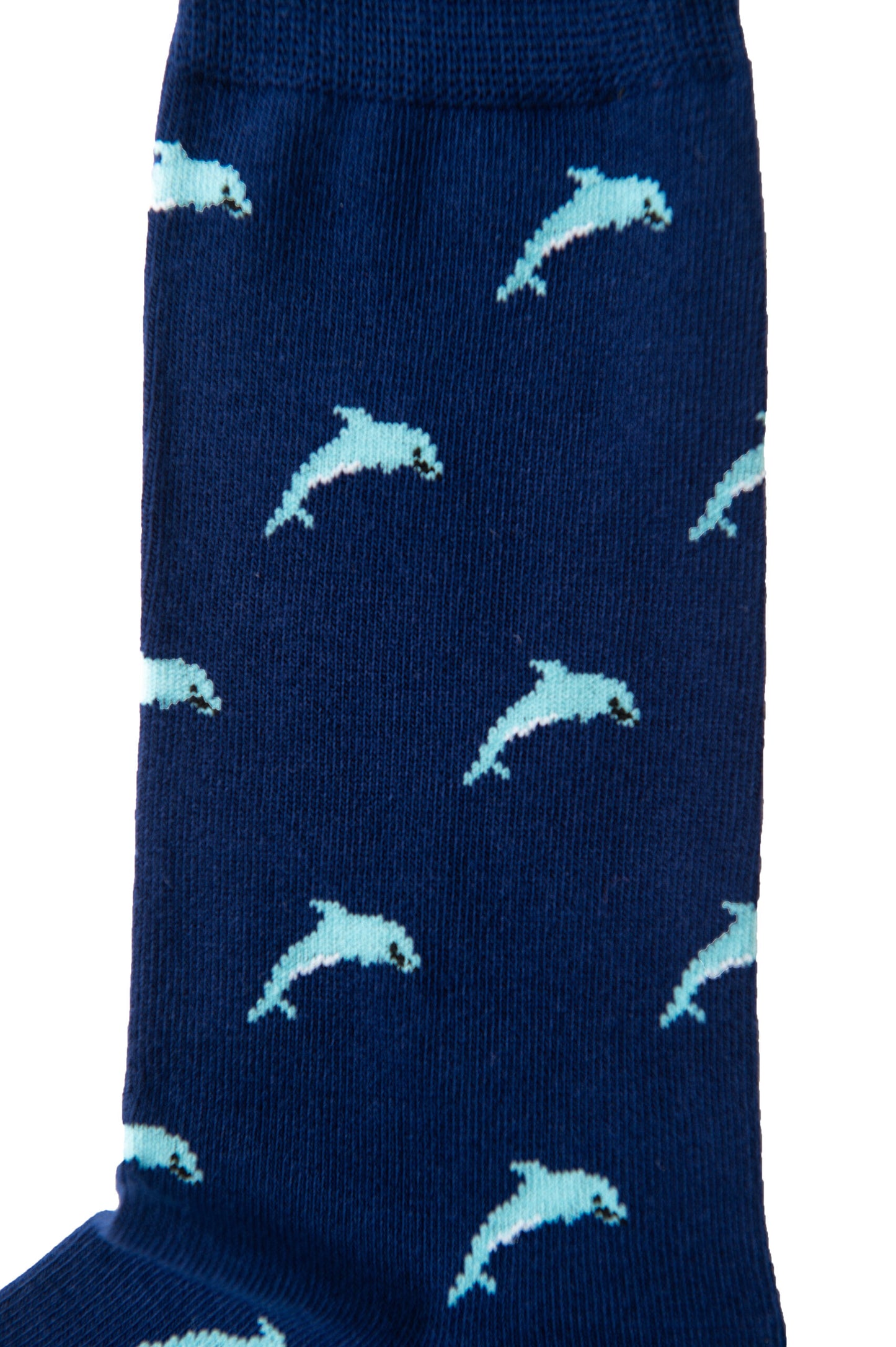 A blue Dolphin Sock with dolphins on it.