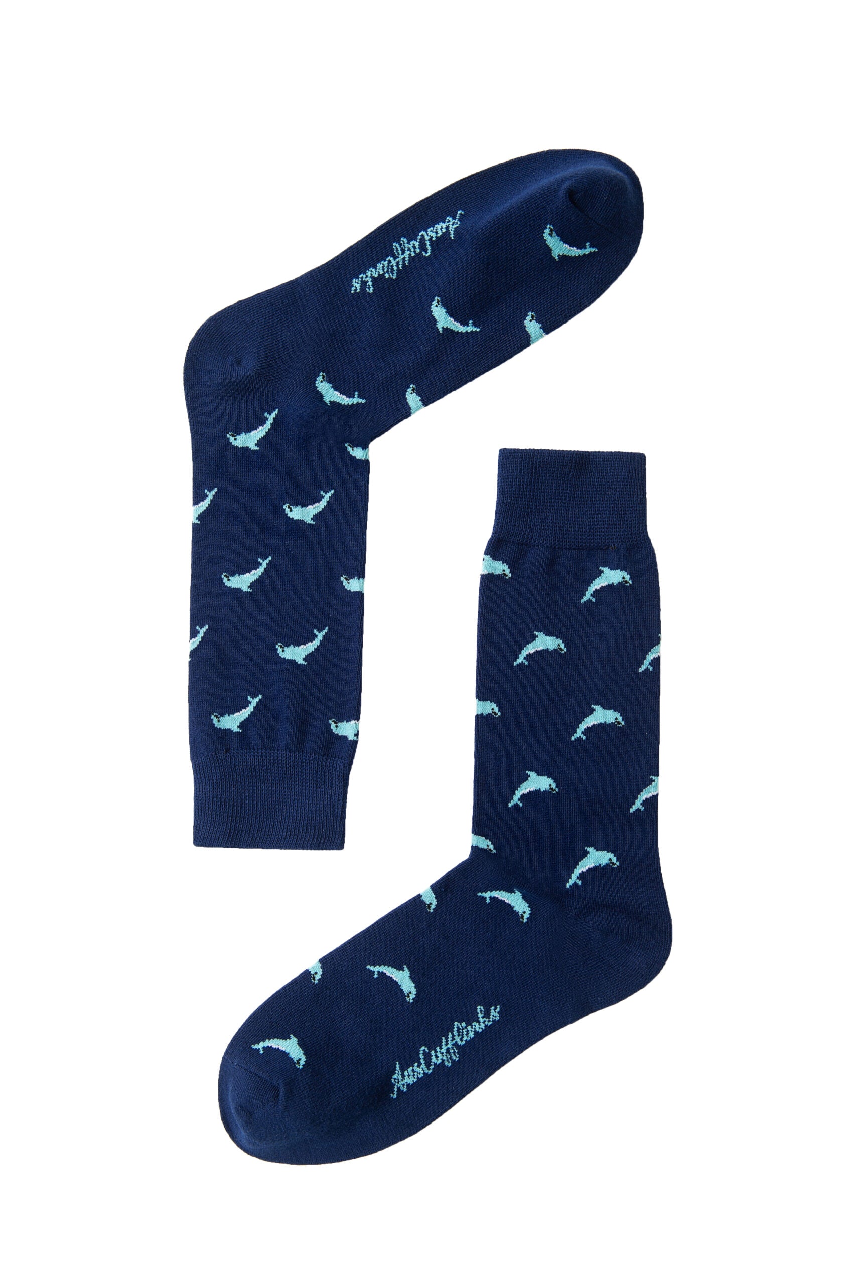 A pair of navy Dolphin Socks with sharks on them.