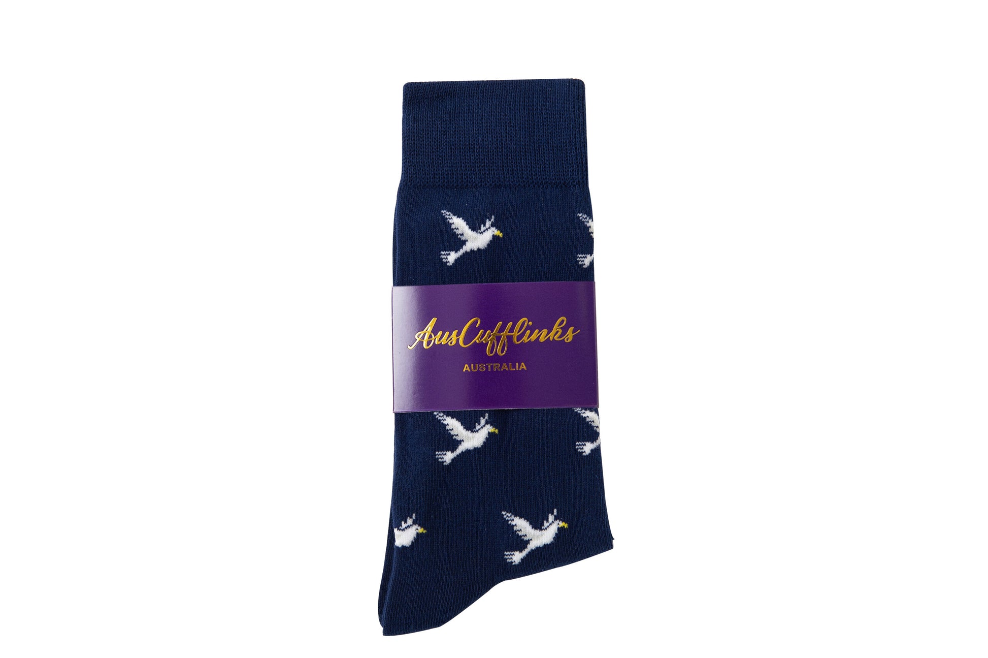 A pair of navy Dove Socks with birds.