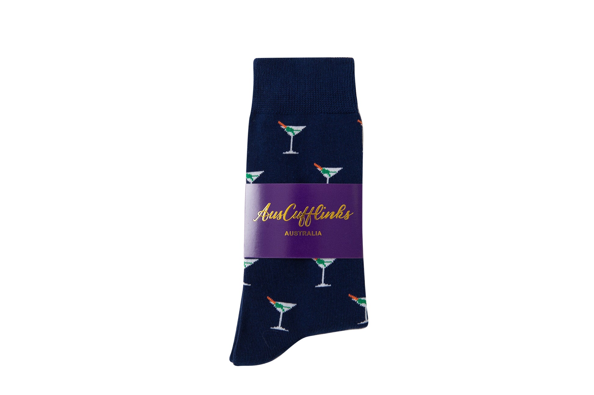 The Martini Margarita Sock, featuring a martini glass pattern, comes in dark blue and is wrapped in a purple band labeled "AusCufflinks Australia," making it a fun way to elevate your sock game.