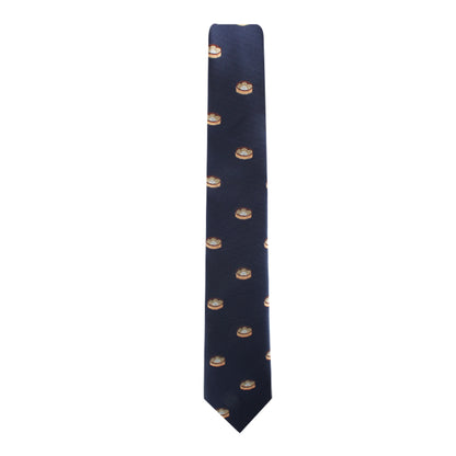 A navy blue tie with a repeating pattern of small images depicting dumplings, exuding timeless elegance and culinary inspiration.