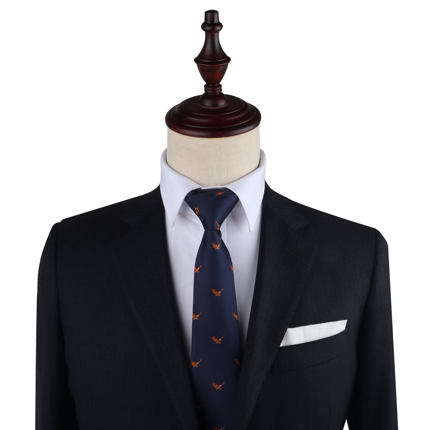 A mannequin dressed in a dark suit with a white dress shirt, the Flying Eagle Pattern Tie featuring blue tones and orange accents, and a white pocket square captures the essence of majestic fashion.