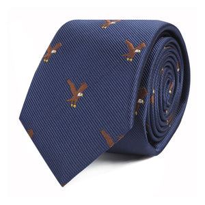 The Eagle Bird Skinny Tie showcases a rolled navy blue design with brown eagle prints, white heads, and yellow beaks—making it an ideal accessory for formal business attire.