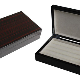 A closed and an open handcrafted organiser; the open rectangular Ebony Wood Cufflink Box reveals a soft, velvet-lined interior with slots for multiple cufflinks.