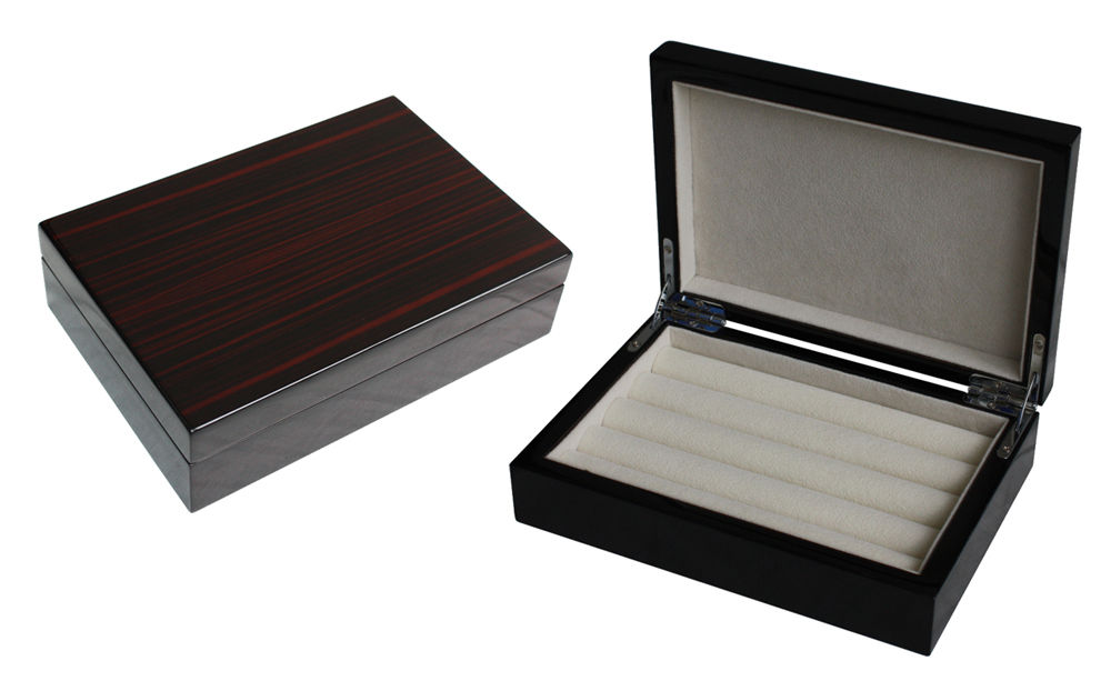A closed and an open handcrafted organiser; the open rectangular Ebony Wood Cufflink Box reveals a soft, velvet-lined interior with slots for multiple cufflinks.