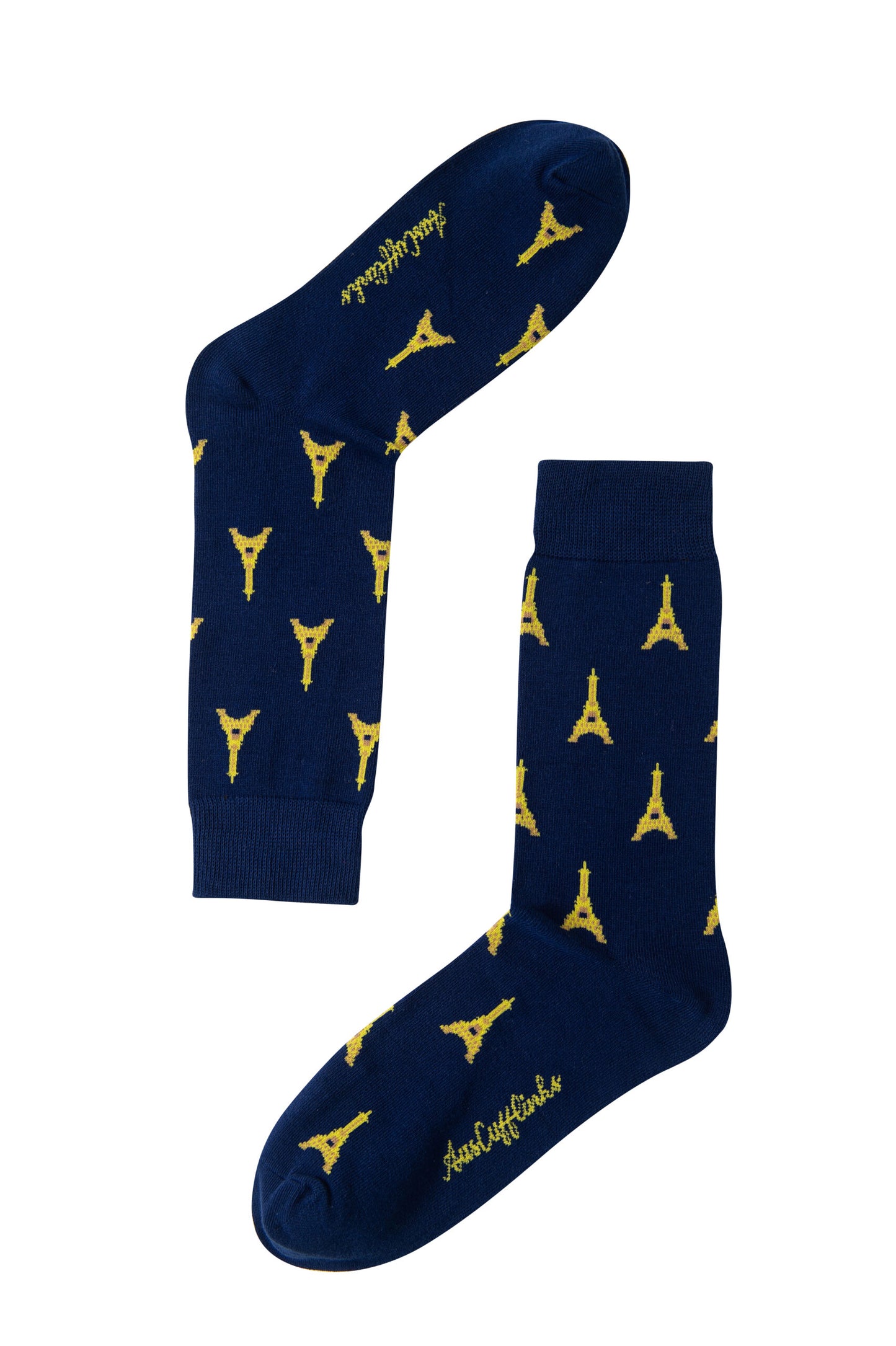 A pair of navy Eiffel Tower socks with yellow Eiffel towers on them.
