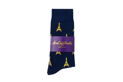 Navy socks featuring the Eiffel Tower.