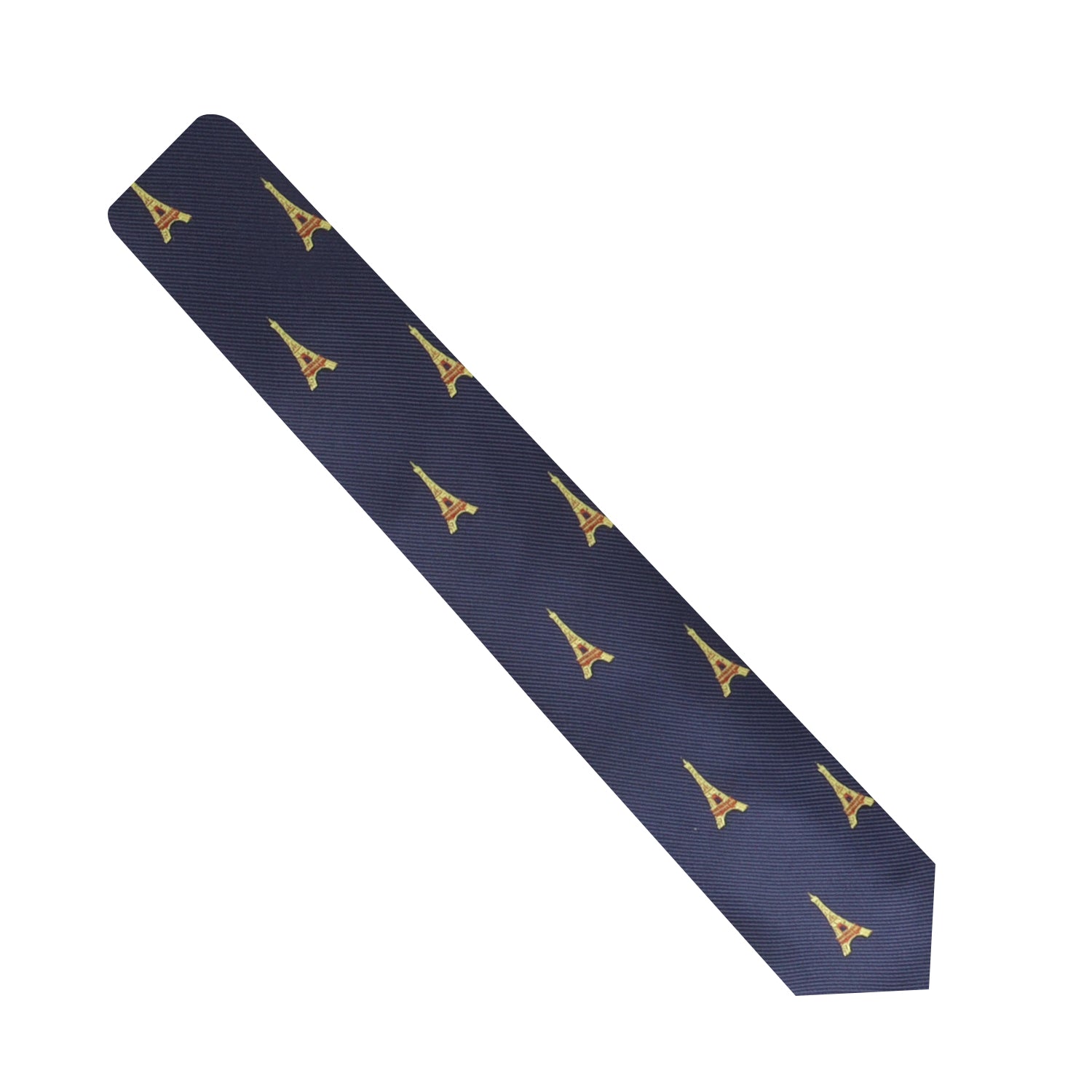 The Eiffel Tower Thin Tie in navy blue showcases a charming pattern of small, repeating yellow and red Eiffel Tower designs, adding a touch of Parisian elegance to every ensemble.