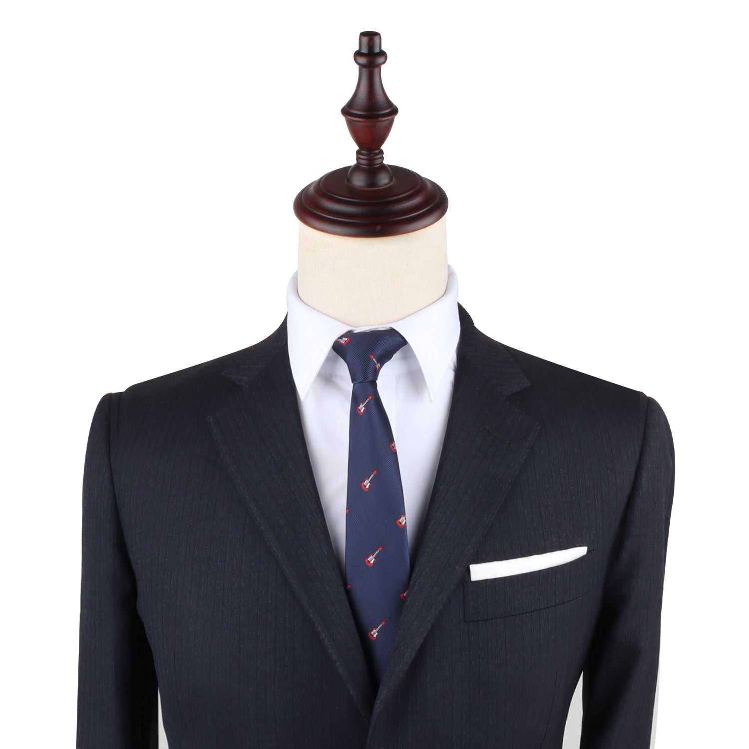A rockstar mannequin with a charming look wearing an Electric Guitar Slim Tie.