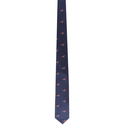 A blue tie with a Elegant Bird Tie on it.