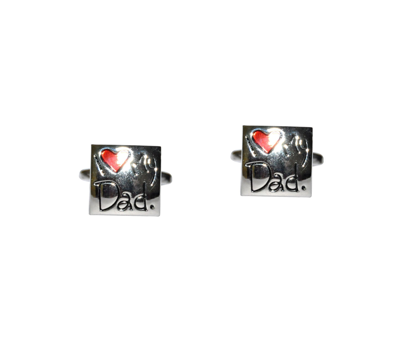 The "I Love My Dad Cufflinks" set, featuring two silver cufflinks adorned with a red heart and the word "Dad" inscribed on each, serves as the perfect token of love.