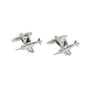 Fighter Jet Cufflinks, shaped like sleek miniature airplanes, are set against a pristine white background—perfect for aviation enthusiasts.