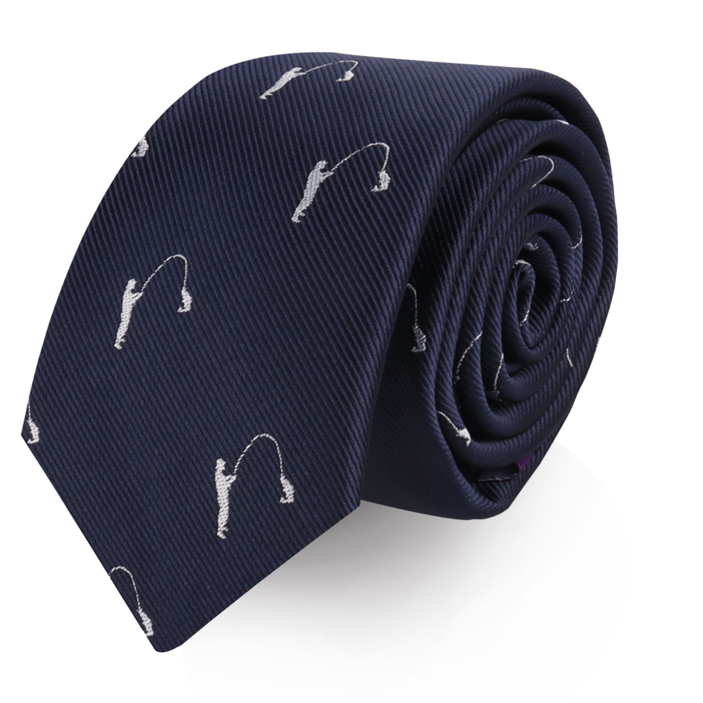 A Fisherman Skinny Tie, dark blue with a small repetitive pattern of white fishing figures, effortlessly rolled up on a white background, waiting to reel in compliments.