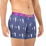 A man is sporting the Fisherman Underwear, featuring navy boxer briefs with a purple waistband and white fishing pole patterns, blending comfort and style as he dreams of the perfect catch.