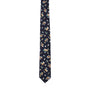 The Floral Navy Yellow Skinny Cotton Tie is a dark blue necktie that exudes sartorial elegance, adorned with a colorful floral pattern featuring small orange, white, and yellow flowers.