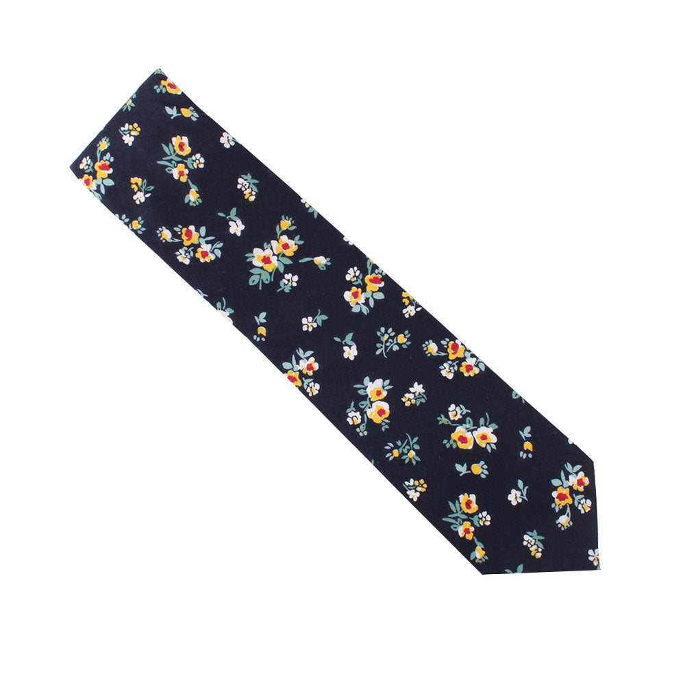 Floral Navy Yellow Skinny Cotton Tie, showcasing a pattern of small yellow, orange, and white flowers for a touch of sartorial elegance.