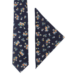 Floral Navy Yellow Skinny Cotton Tie and Pocket Square