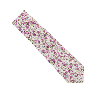 A Skinny Tie and Pocket Square Set with pink roses elegantly adorning a cotton background, exuding perennial charm.