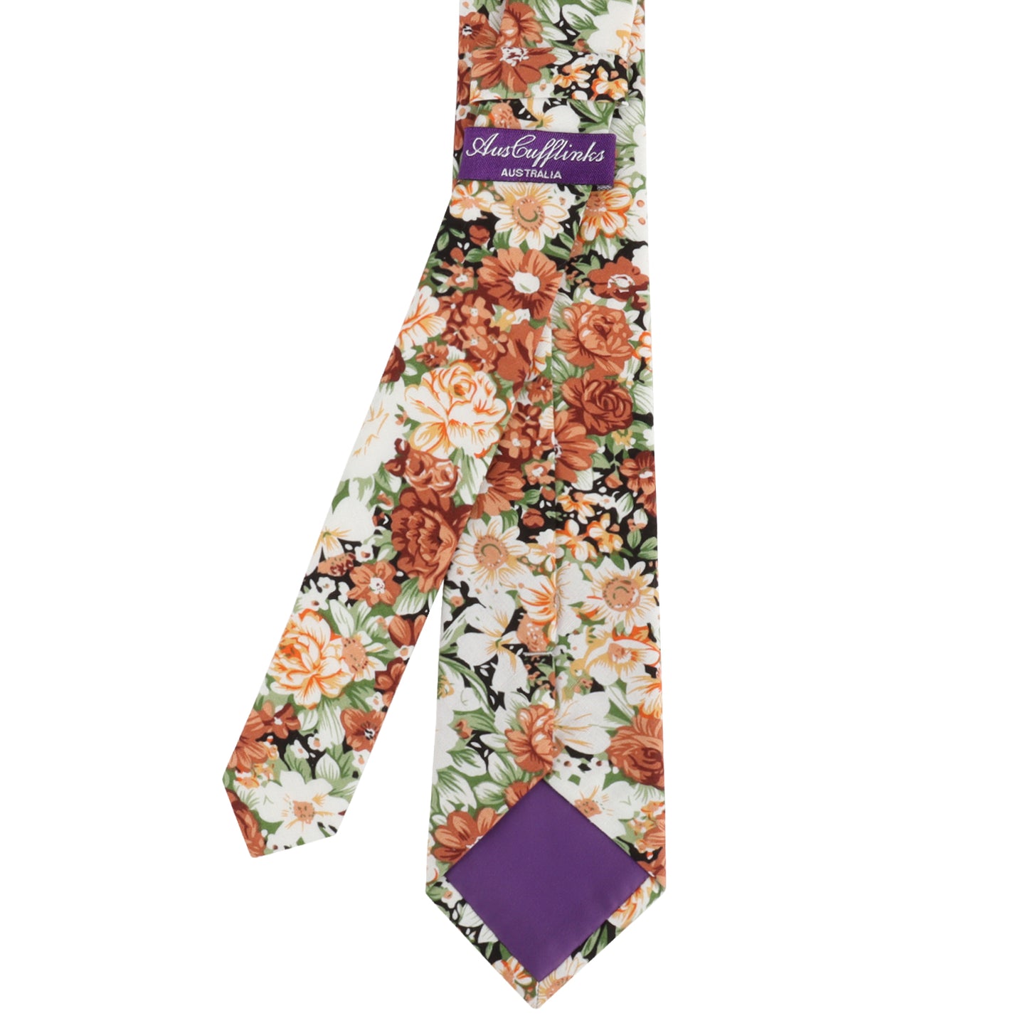 A Floral Necktie with orange and white flowers on a white background. This dapper design features a purple label with text near the narrower end, making it Nature's masterpiece for your wardrobe.