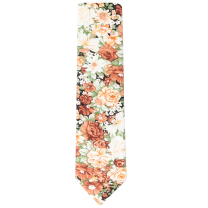 A Floral Wedding Tie with shades of brown, orange, green, and white flowers showcases Nature’s masterpiece in a dapper design.
