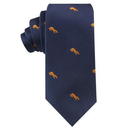 The Orange Fox Skinny Tie is a dark blue necktie with a wild allure, featuring small, repeating orange horse designs.