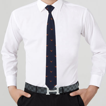 A person dressed in majestic fashion wears a crisp white dress shirt, black dress pants, the Freedom Symbol Tie with red designs, and a checkered belt with a silver buckle.