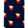 Fries Socks feature navy blue fabric with a quirky print of red cartons filled with yellow, realistic fries—perfect for fun sock lovers and fans of unique accessories.