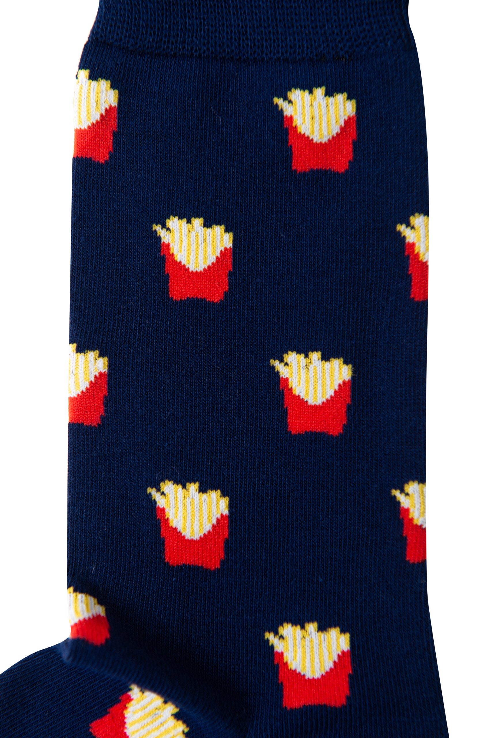 Fries Socks feature navy blue fabric with a quirky print of red cartons filled with yellow, realistic fries—perfect for fun sock lovers and fans of unique accessories.