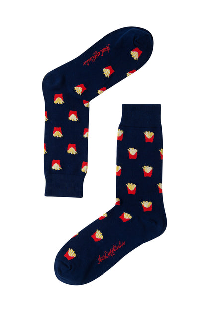Fries Socks: Navy blue socks with a fun red and yellow French fries container pattern, realistic fries print, and playful red text on the soles—great for anyone who loves unique, eye-catching socks.