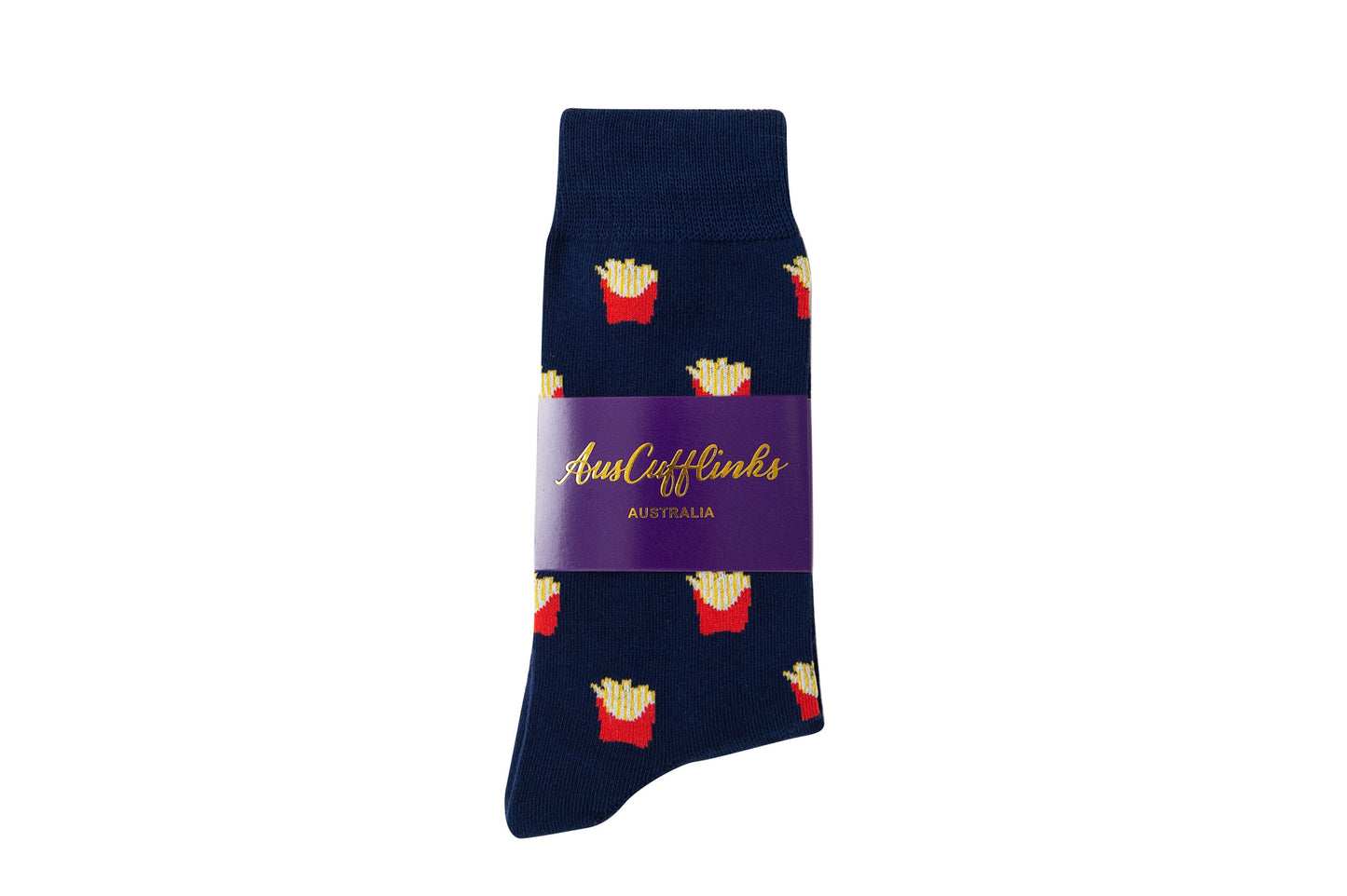 Fries Socks feature a playful navy blue design with realistic fries in red cartons and come packaged with a purple AustCufflinks Australia label.