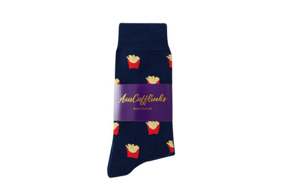 Fries Socks feature a playful navy blue design with realistic fries in red cartons and come packaged with a purple AustCufflinks Australia label.