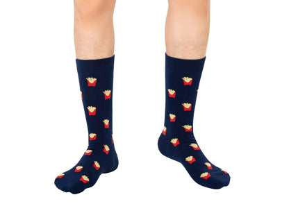 A man wearing a pair of Fries Socks.