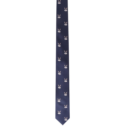The Bunny Skinny Tie is a sophisticated navy accessory featuring a delightful pattern of embroidered white rabbit faces, evenly spaced throughout.
