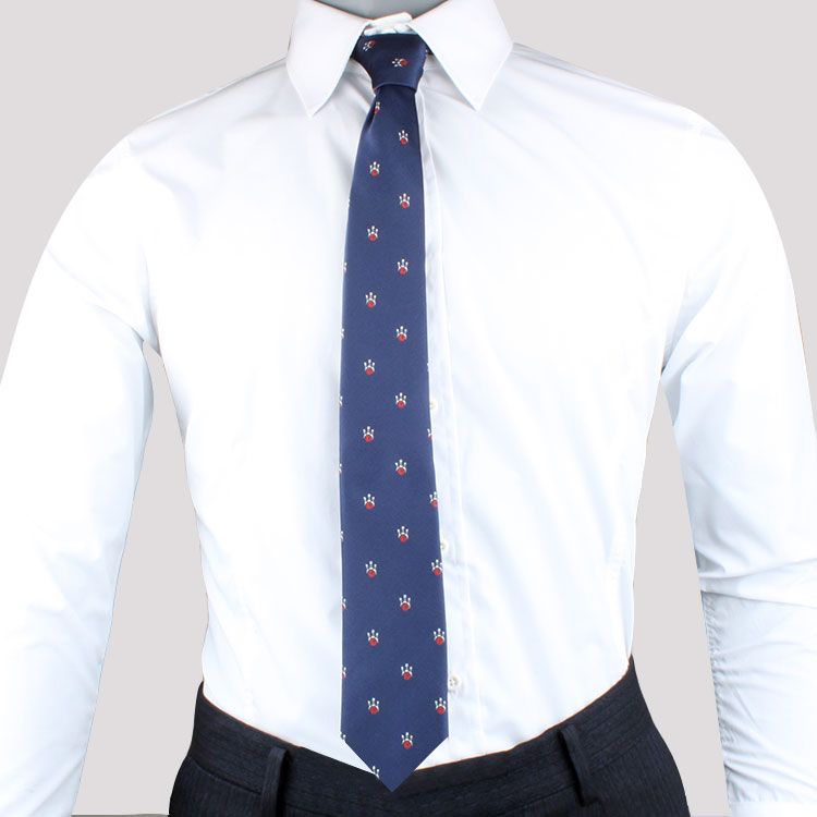 Person wearing a white dress shirt, the Novelty Bowling Tie featuring a small red and white pattern, and dark trousers, shown from the shoulders down. The outfit perfectly harmonizes professional style with timeless elegance.