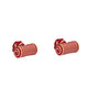 Two knots in red and white stripes, resembling small scrolls, set against a plain white background, embody modern elegance. The Pink & White Barrel Cufflinks seamlessly combine contemporary style with timeless charm.