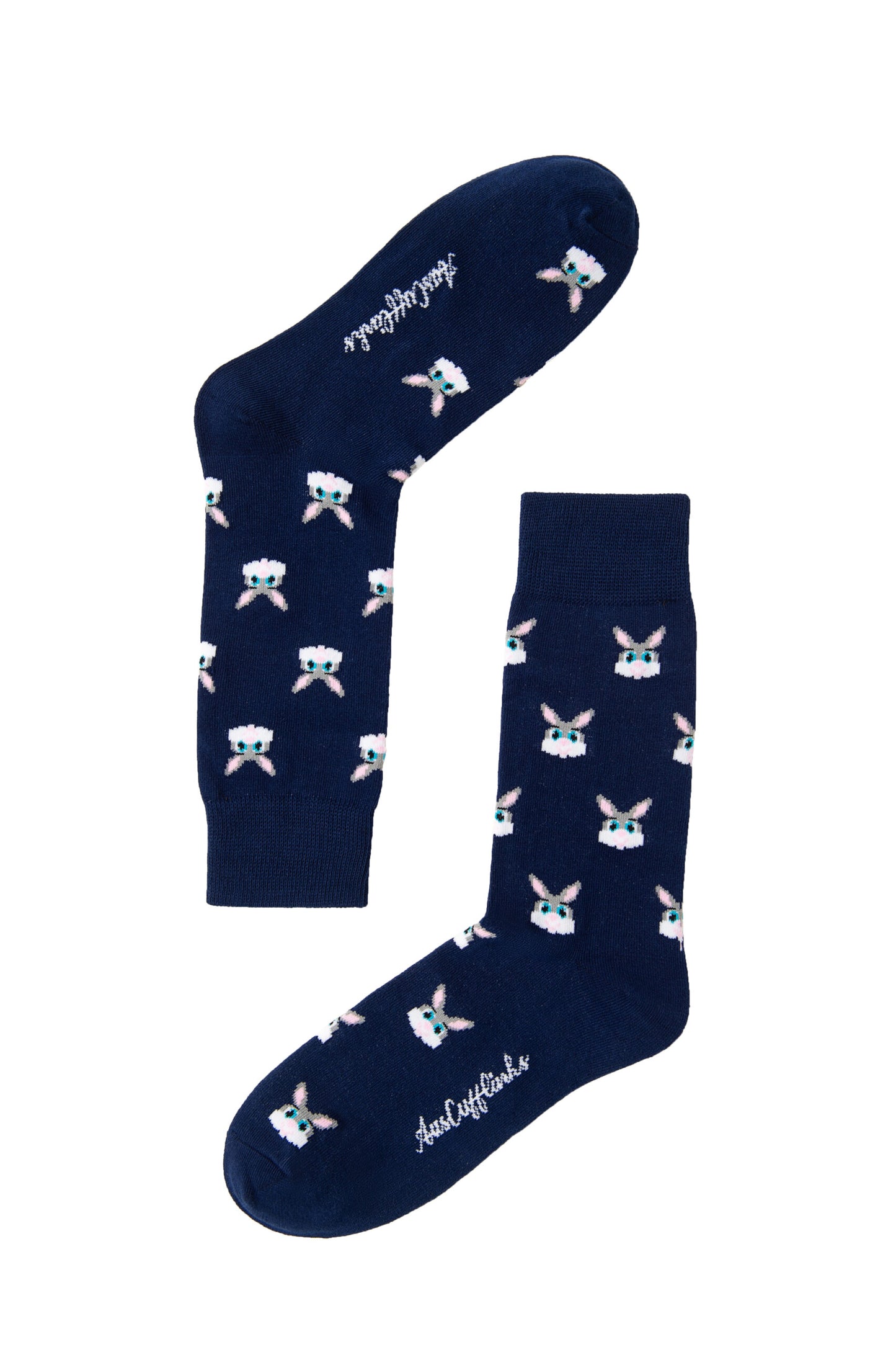 A pair of blue Bunny Socks with white cartoon faces on them.
