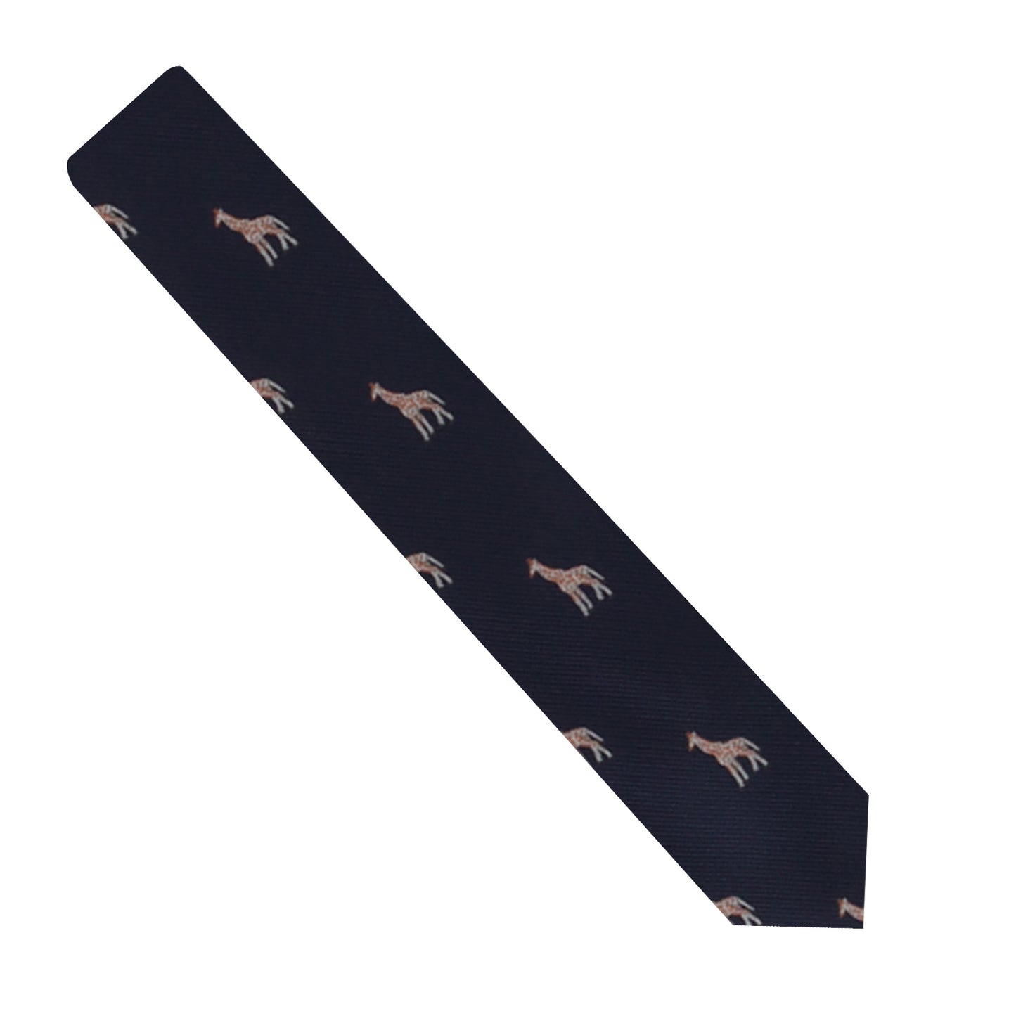 The Giraffe Necktie, in a navy blue hue adorned with a pattern of small light brown giraffes, adds a touch of safari sophistication.