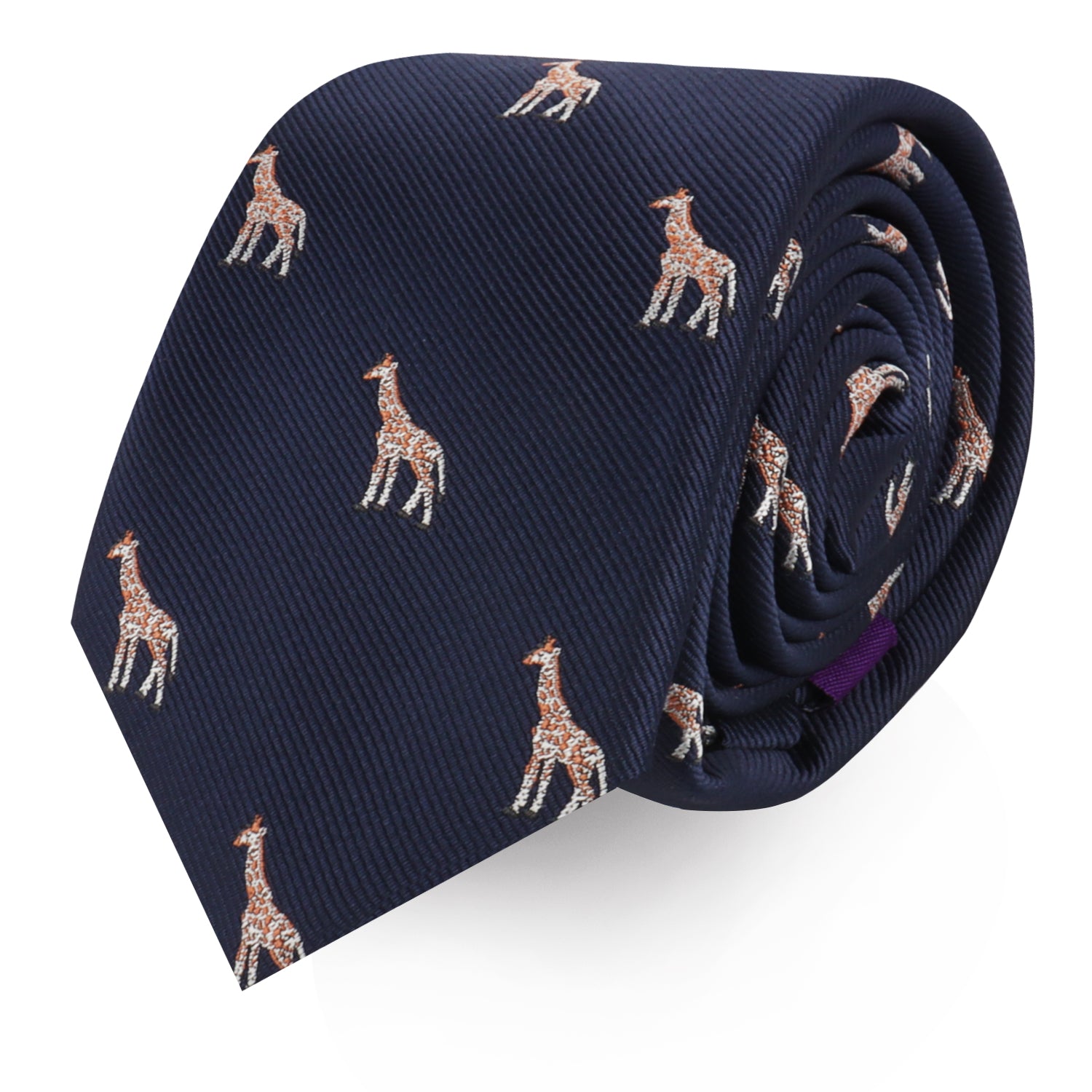 A rolled Giraffe Skinny Tie in navy blue, featuring a pattern of small embroidered giraffes, adding a touch of safari sophistication.