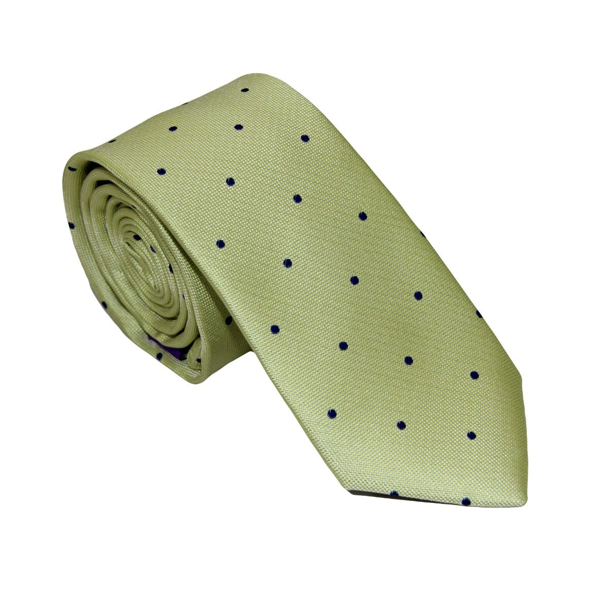 The Gold Navy Polka Dot Business Tie & Pocket Square Set features a rolled-up, light green necktie with small navy blue polka dots on a white background for an elegant touch.