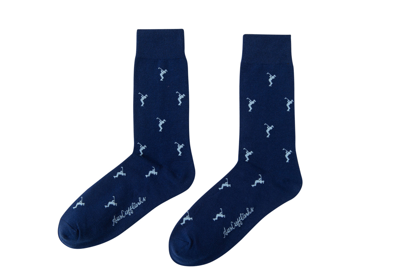 A pair of Golf Swing Blue Socks with white birds on them.