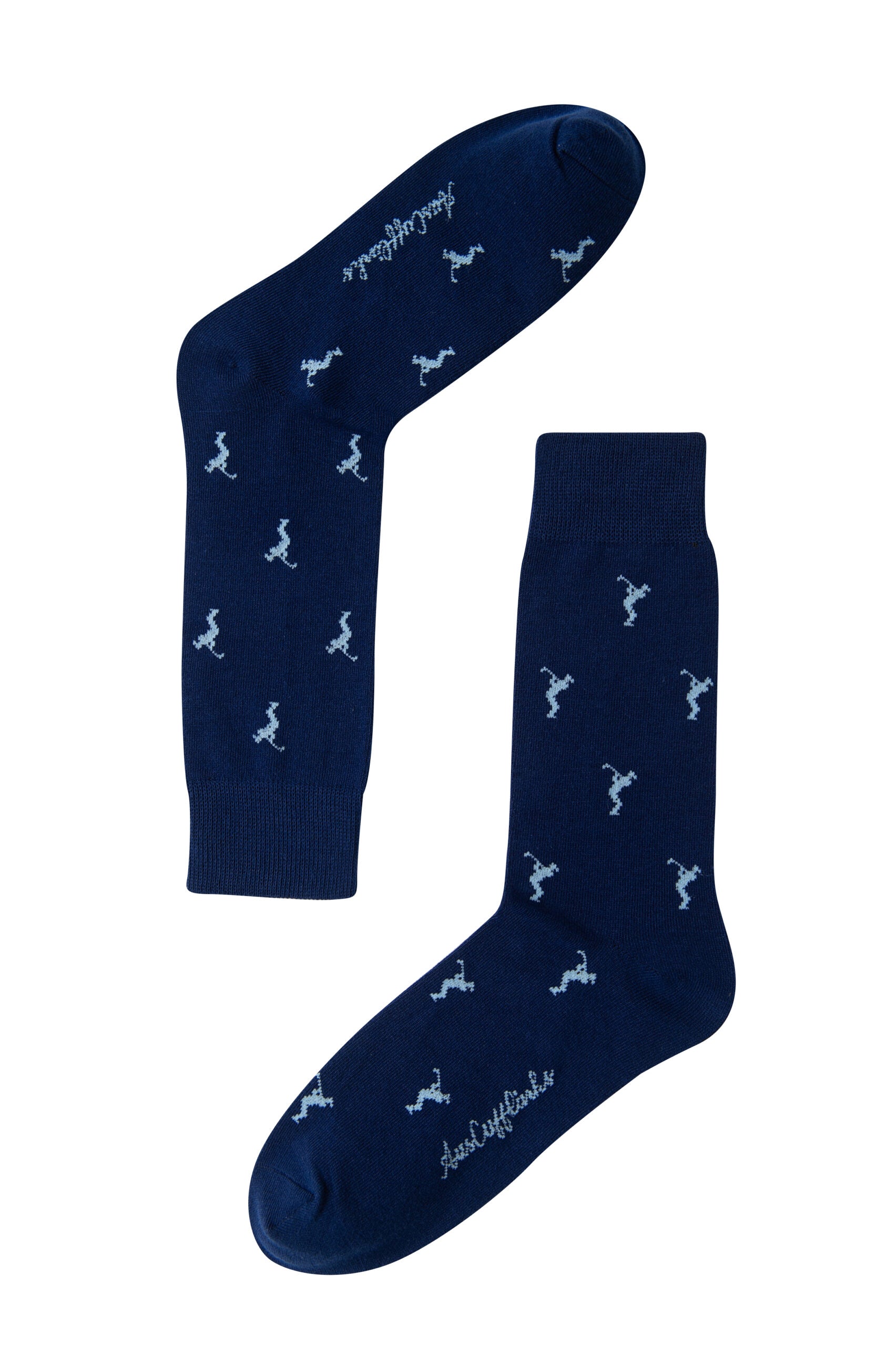 A pair of Golf Swing Blue Socks with white birds on them.