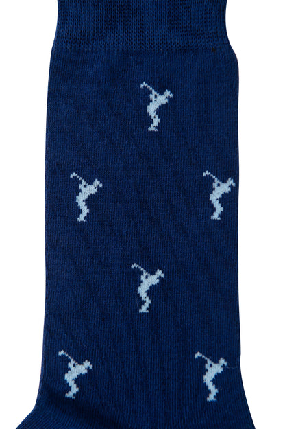 A Golf Swing Blue Sock with a white horse on it.
