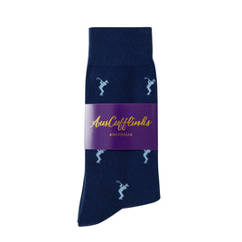 A Golf Swing Blue Sock with a label on it.